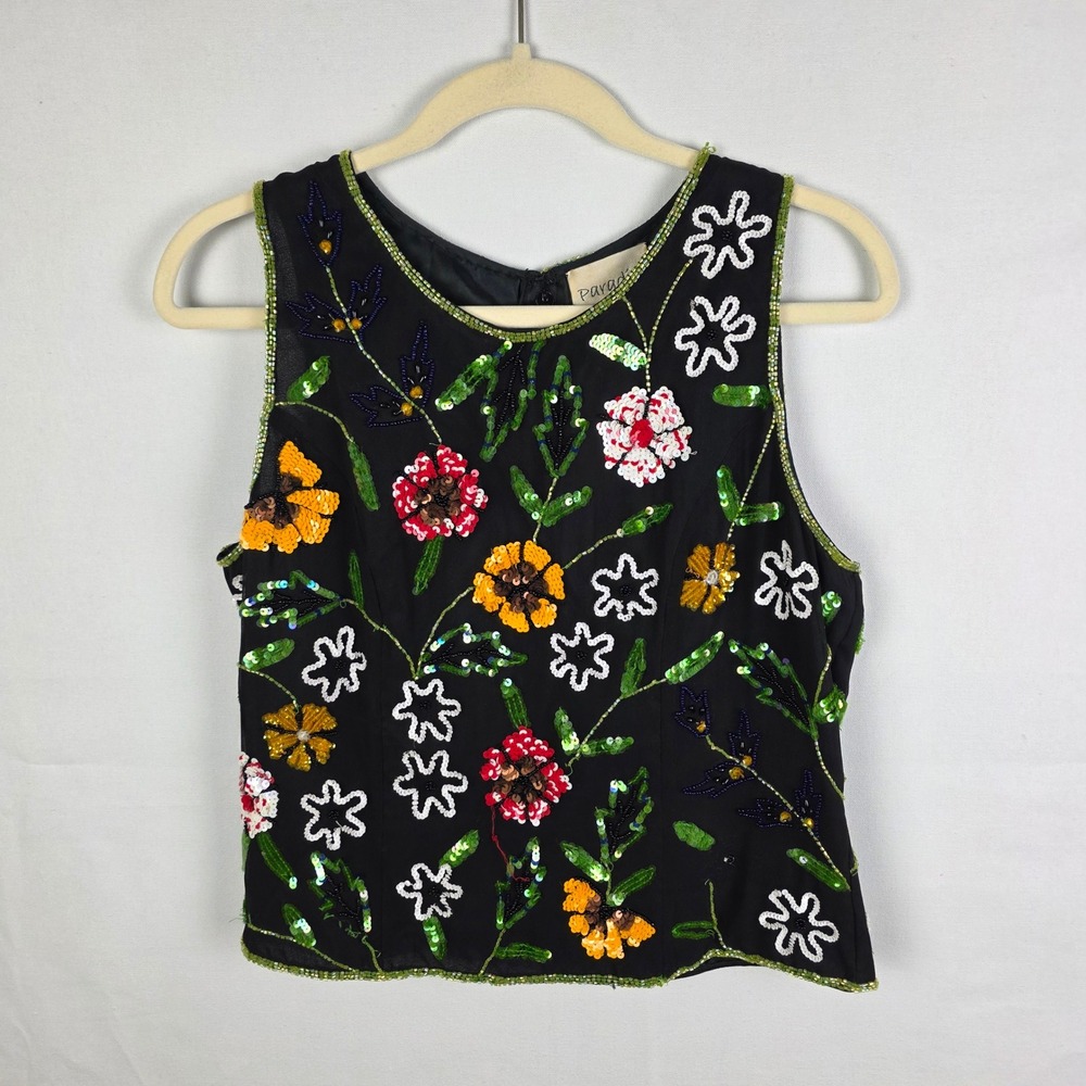 Paradise NY Vintage 100% Silk Beaded Sequin Floral Sleeveless Top‎ Black L